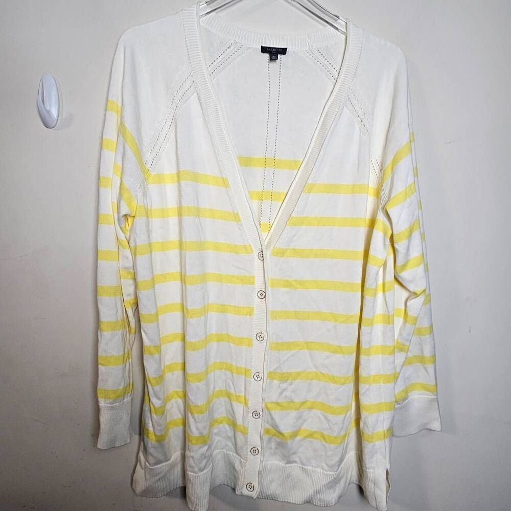 Talbots Pretty Cream Yellow Striped V-Neck Longline Cardigan Sweater 2X